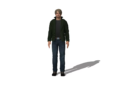 Man in green jacket dark T shirt blue jeans dark shoes standing against white background 3d model