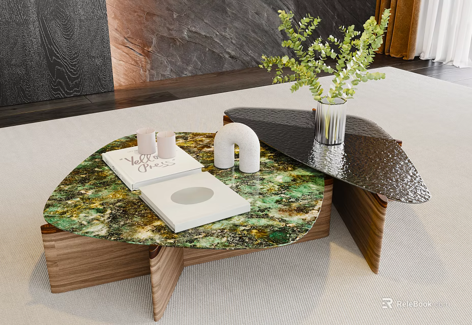 Stylish Irregular Coffee Table With Green Marble Top Wooden Base And Decorative Items 3d model 