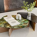 Stylish Irregular Coffee Table With Green Marble Top Wooden Base And Decorative Items