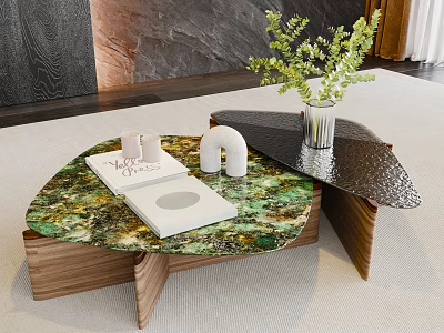 Stylish Irregular Coffee Table With Green Marble Top Wooden Base And Decorative Items 3d model