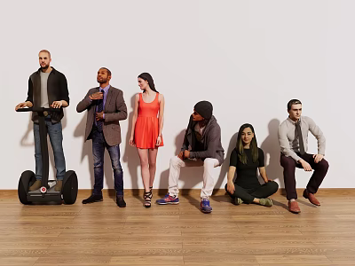 Group of People in Various Poses Standing and Sitting Indoors on Wooden Floor 3d model
