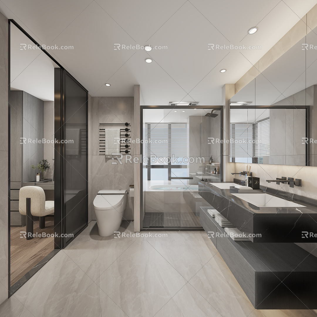 Modern Toilet Shower Room Toilet Washbasin Main Bathroom Simple Black and White Grey model