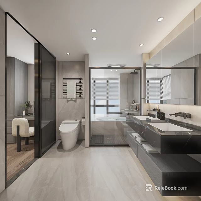 Modern Bathroom Interior Design With Marble Countertop Large Mirror And Shower Area 3d model 