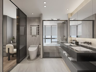 Modern Bathroom Interior Design With Marble Countertop Large Mirror And Shower Area 3d model