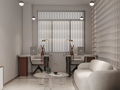 Modern Office Interior With Open Layout Work Desks Cozy Sofa Window Blinds And Pendant Lights 3d model