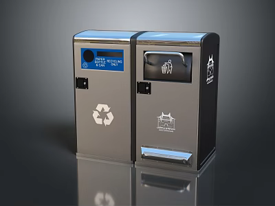Stainless Steel Dual Trash And Recycling Bins With Recycling Symbol And Trash Icon 3d model
