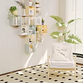 Cozy Modern Leisure Chair Interior With Wall Shelf Green Plant And Checkerboard Floor