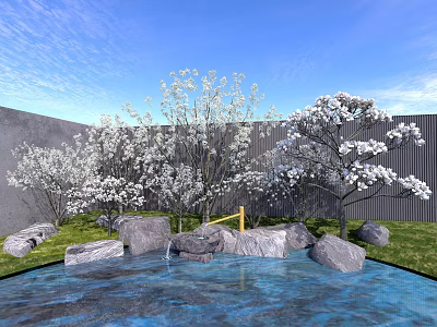 Blooming Arbor Trees In Garden With Pond Rocks Grass Gray Wall And Fence 3d model