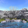 Blooming Arbor Trees In Garden With Pond Rocks Grass Gray Wall And Fence