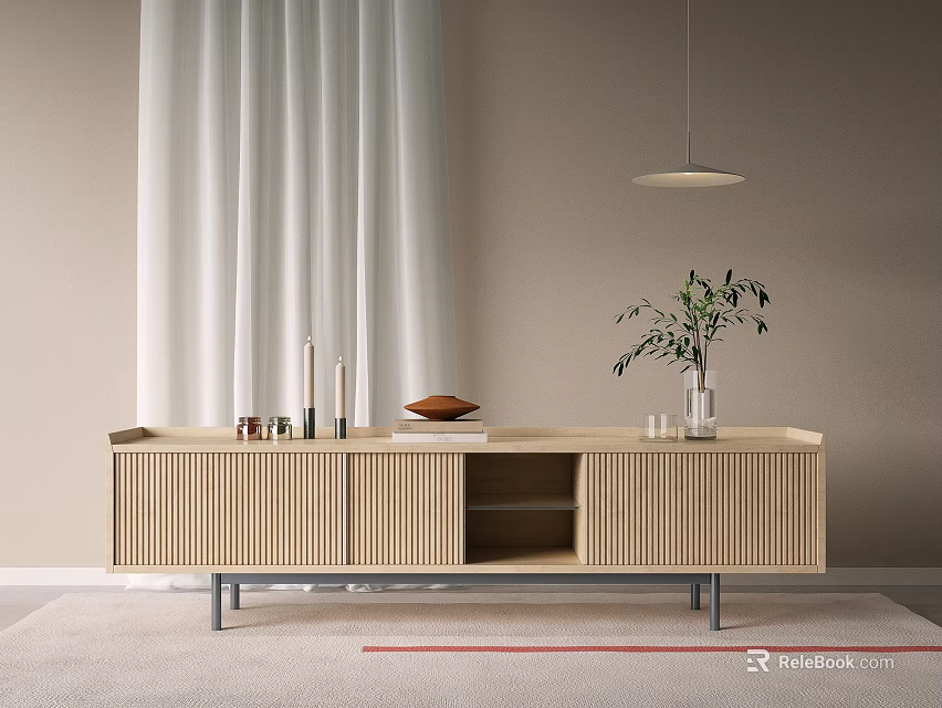 Beige Modern TV Stand With Vertical Slat Panels Decorative Candles Bowl Vase And Plant 3d model 