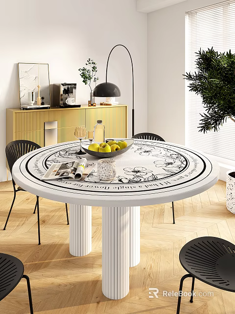 Modern Round Dining Table Set With Black Chairs Floral Pattern Top Gold Cabinet Green Plants 3d model 