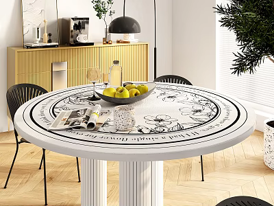 Modern Round Dining Table Set With Black Chairs Floral Pattern Top Gold Cabinet Green Plants 3d model