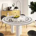 Modern Round Dining Table Set With Black Chairs Floral Pattern Top Gold Cabinet Green Plants