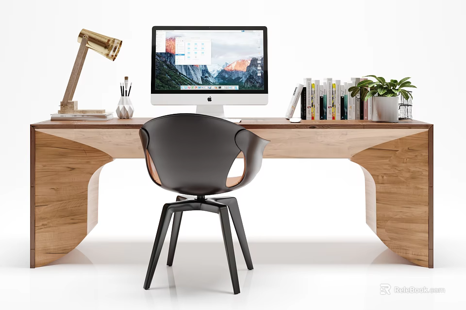 Wooden Office Desk Setup With Computer Monitor Table Lamp Books And Potted Plant 3d model 