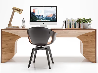 Wooden Office Desk Setup With Computer Monitor Table Lamp Books And Potted Plant 3d model