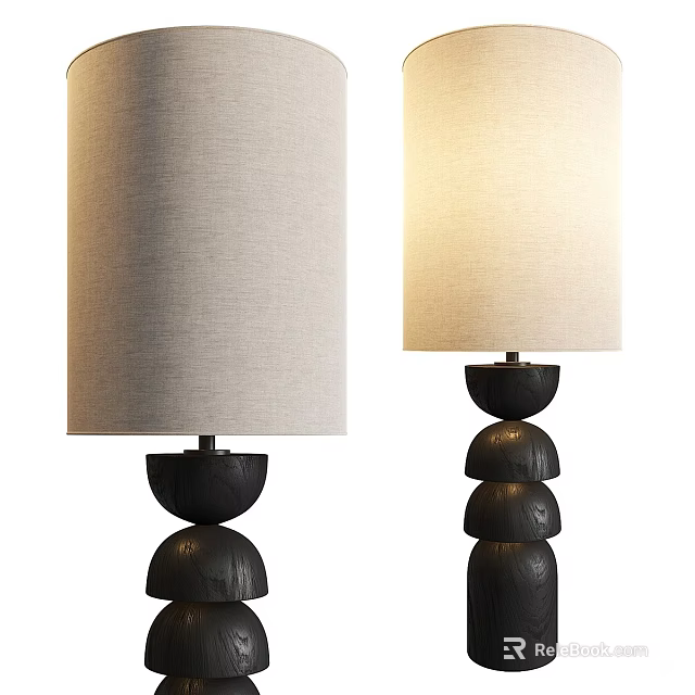 Black Wooden Base Table Lamp With Beige Fabric Shade And Stacked Round Design 3d model 
