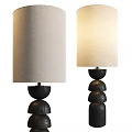 Black Wooden Base Table Lamp With Beige Fabric Shade And Stacked Round Design