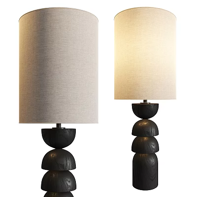 Black Wooden Base Table Lamp With Beige Fabric Shade And Stacked Round Design 3d model