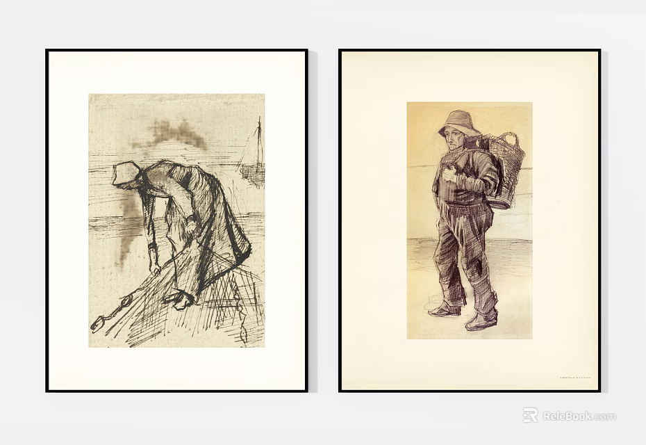 Vintage Framed Ink Figure Drawings Depicting Working People in Traditional Attire 3d model 