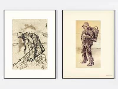 Vintage Framed Ink Figure Drawings Depicting Working People in Traditional Attire 3d model