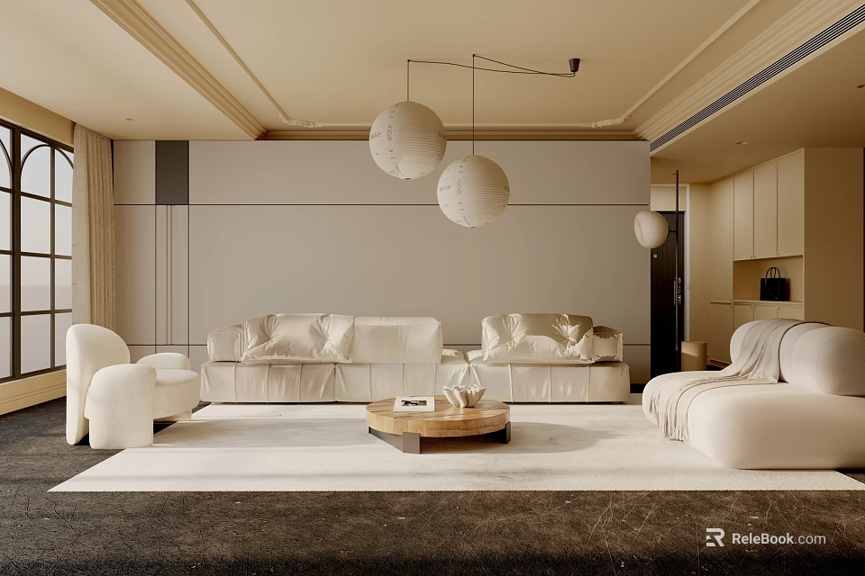 Modern Living Room Interior Design With White Sofa Round Pendant Lights And Wooden Coffee Table 3d model 