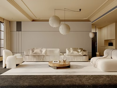 Modern Living Room Interior Design With White Sofa Round Pendant Lights And Wooden Coffee Table 3d model
