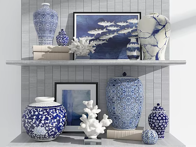 Decorative Ornaments Set with Blue and White Vases Coral Decorations Framed Art for Shelf 3d model