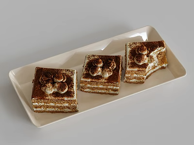 Three Classic Tiramisu Cakes On White Rectangular Tray With Cream Balls And Cocoa Powder 3d model