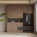 Modern Shoe Cabinet With Storage Space Coat Hooks And Indoor Plant In Home Entryway
