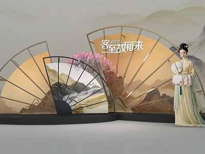 Traditional Chinese Fan Decorative Scene With Classical Woman And Landscape Background 3d model