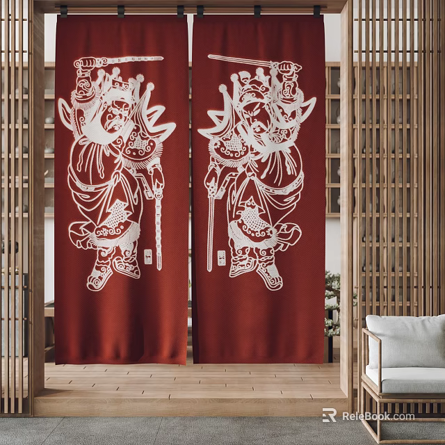 Traditional Red Curtains With White Figure Patterns In Living Room Interior 3d model 
