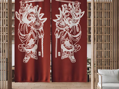 Traditional Red Curtains With White Figure Patterns In Living Room Interior 3d model
