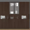 Brown Wooden Storage Cabinet With Glass Door And File Folders Decorative Items