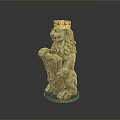 Detailed Stone Lion Statue Wearing Golden Crown Holding Shield On Gray Base