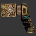 Steampunk Style Weapon With Golden Metal Casing Gears Dials And Blue Glowing Elements