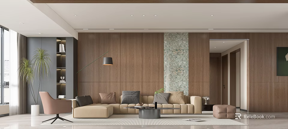 Modern Dining Living Room Interior With Wooden Wall Sofa and Coffee Table 3d model 