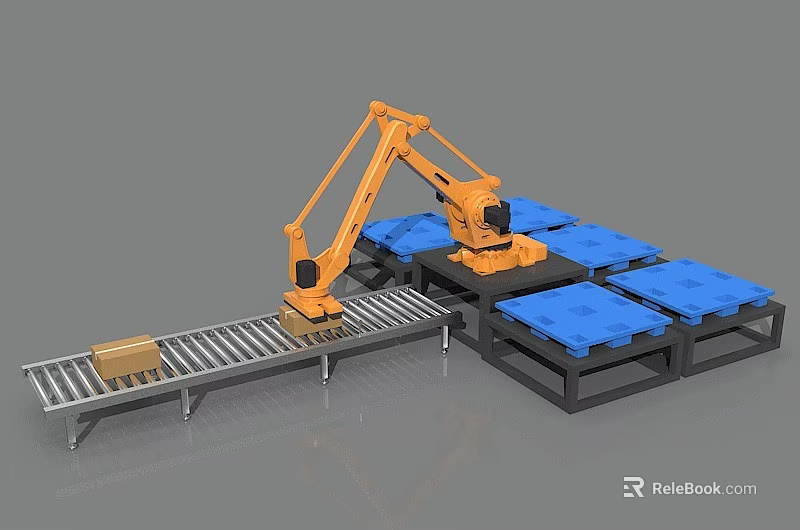 Industrial Equipment Robotic Arm With Conveyor Belt Handling Packages On Blue Pallets 3d model 