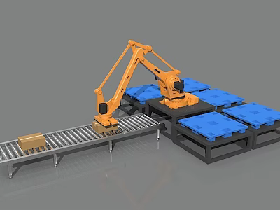 Industrial Equipment Robotic Arm With Conveyor Belt Handling Packages On Blue Pallets 3d model