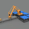 Industrial Equipment Robotic Arm With Conveyor Belt Handling Packages On Blue Pallets