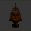 Detailed Wooden Ship Model With Brown Hull And Sails Black Flags And Wooden Stand