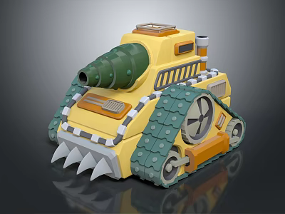 3D Cartoon Tank With Yellow Body Green Cannon Tracks And Spikes 3d model