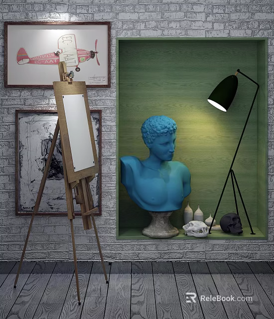 Art Supplies Display With Easel Canvas Plaster Bust Green Wall And Floor Lamp 3d model 