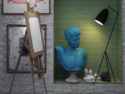 Art Supplies Display With Easel Canvas Plaster Bust Green Wall And Floor Lamp 3d model