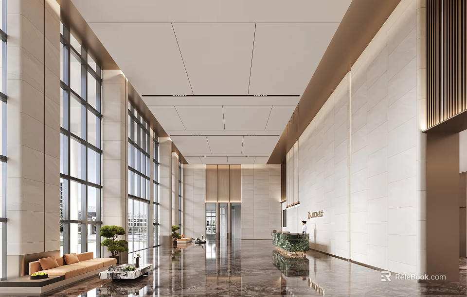 Modern Reception Area With Large Windows Sofa Seating And Marble Flooring 3d model 