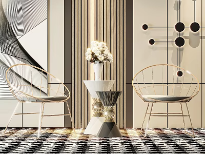 Modern Leisure Chairs with Golden Frame and White Cushions in Stylish Interior with Geometric Decor 3d model