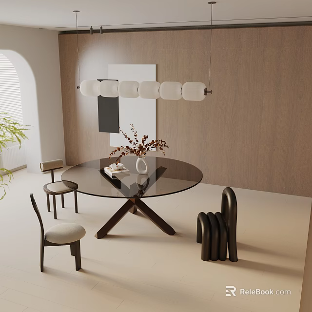 Modern Dining Table Set With Round Glass Top Wooden Legs Upholstered Chairs Hanging Pendant Light 3d model 