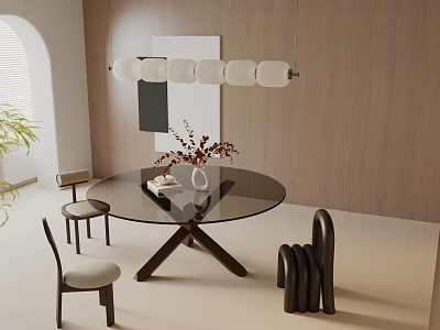Modern Dining Table Set With Round Glass Top Wooden Legs Upholstered Chairs Hanging Pendant Light 3d model