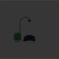 Blue Sports Car Parked in Parking Space With Green Plants and Street Lamp