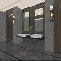 Modern Hotel Bathroom Interior With Marble Walls Double Sinks Large Mirrors And Wooden Accents