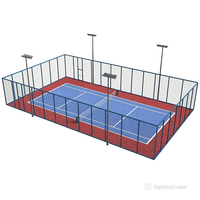 Outdoor Tennis Court Sports Equipment With Fencing Lighting And Blue Red Playing Surface 3d model 
